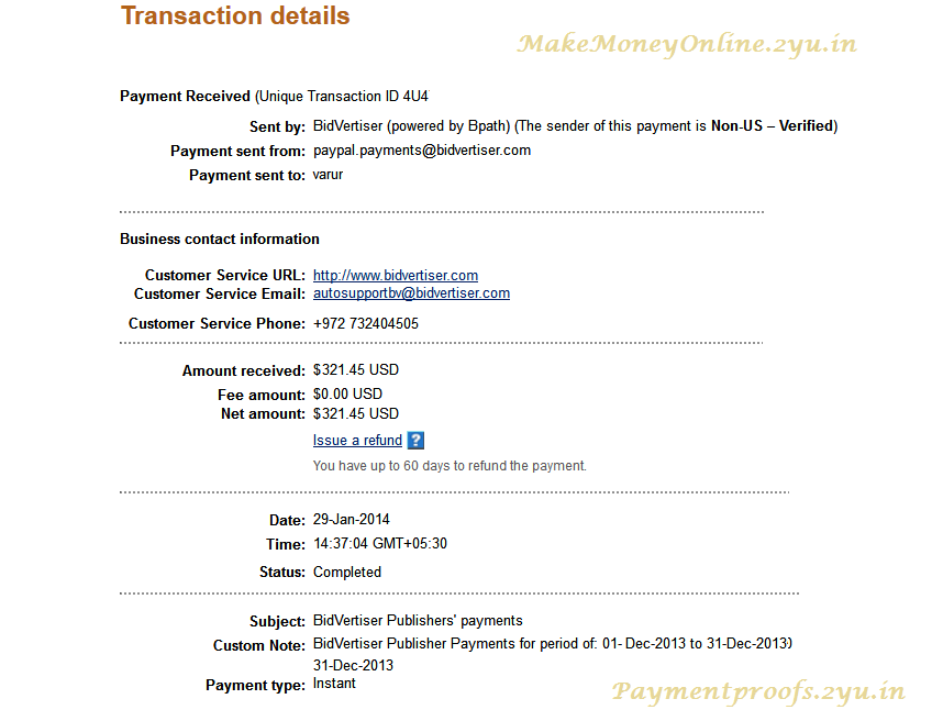 bidvertiser payment proof jan 2014
